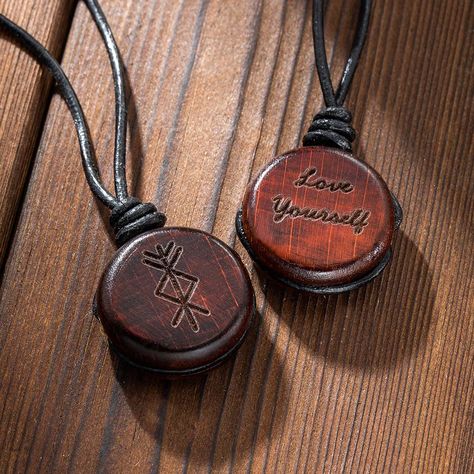 [INNOVATIVE DESIGN]: This Viking necklace is with runes of courage, good luck, healthy, protection, love and prosperity so you can choose your desired rune and engraving text.  [IDEAL GIFT]: A classic piece of Viking rune wood necklace for men and women who appreciate quality and Nordic strength, a stylish Nordic Viking gift for men and women that make a terrific statement for Christmas, birthdays, holidays, Valentine's Day. Nordic Accessories, Nordic Necklace, Nordic Diy, Rune Necklace, Viking Decor, Nordic Runes, Viking Wedding, Vikings Gifts, Leather Jewels