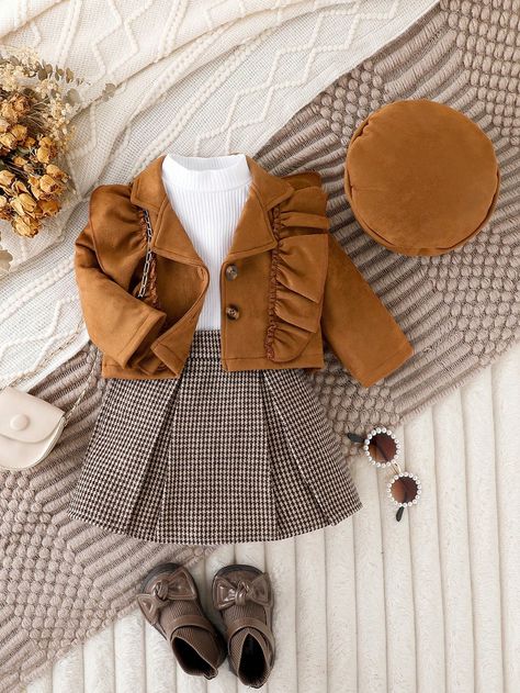 Brown  Collar   Houndstooth  Embellished Non-Stretch Spring/Fall Baby Girls Clothing Clothes Brown, Luxury Baby Clothes, Pleated Skirt Set, Fall Baby Clothes, Plaid Pleated Skirt, Kids Fashion Dress, Trim Jacket, Fall Baby