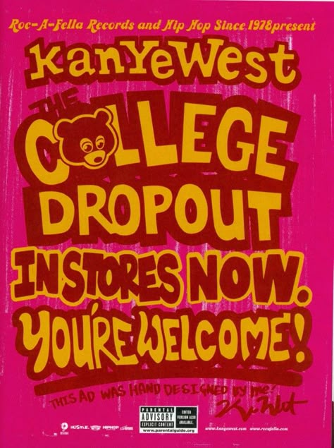 "The College Dropout" poster by Kanye West via Pitchfork Vintage Kanye Poster, Kanye West College Dropout Poster, Kanye West Prints, The College Dropout Poster, Kanye West Aesthetic Poster, Kanye West Poster Vintage, Kanye West College Dropout, Kanye West Poster, College Poster