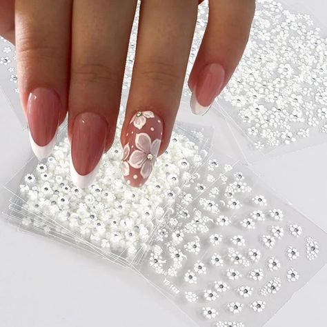 White Flower Nail Art, Rhinestones Designs, Nail Stickers Designs, Acrylic Nail Supplies, Simple Spring Nails, Foil Nail Art, Gel Nail Extensions, Floral Nail Designs, Nail Art Stickers Decals