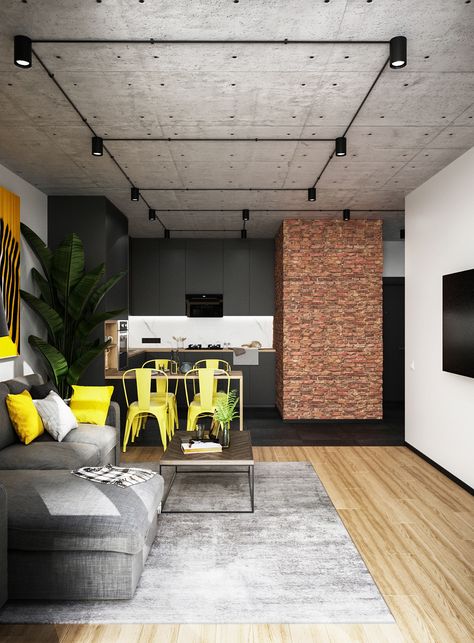 Small Apartment Industrial Design, Industrial Interior Design Living Room Small Spaces, Minimalist Loft Apartment, Loft Minimalista, Industrial Loft Apartment, Interior Designer Aesthetic, Aesthetics Interior Design, Brick Living Room, Aesthetic Interior Design