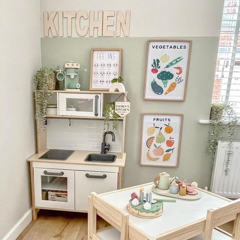 Play Kitchen Wall Decor, Aesthetic Play Kitchen, Kids Play Kitchen Area, Play Kitchen Decor, Kids Art Storage, Playroom/living Room, Home Daycare Ideas, Ikea Play, Ikea Play Kitchen