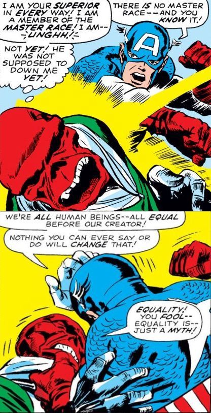 Captain America #103: The Weakest Link!. Capt vs the Red Skull. Art: Jack Kirby. Ink: Sydney Shores (1913-1973). Supporting characters: Agent 13 aka Sharon Carter. July, 1968. Jack Kirby Captain America, Red Skull Art, Agent 13, Supporting Characters, Jack Kirby Art, Sharon Carter, Captain America Comic, Comic Book Pages, Red Skull