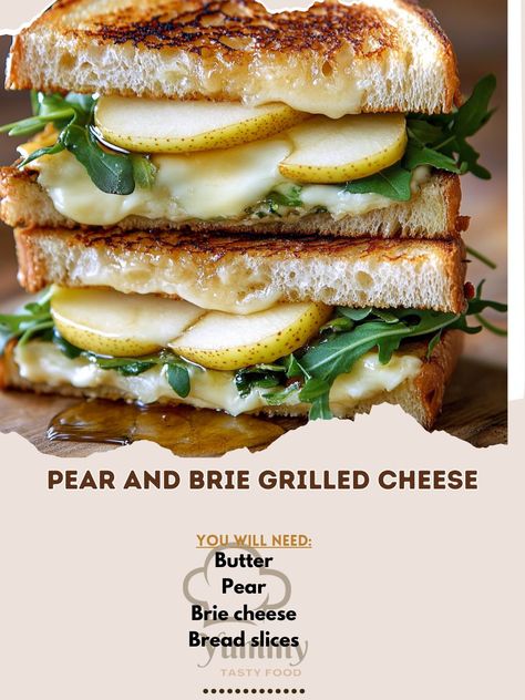 Sweet and savory perfection! 🍐🧀 Try this Pear and Brie Grilled Cheese for an irresistible gourmet twist on a classic! 😍✨" Pear and Brie Grilled Cheese Ingredients: Bread slices (4, rustic or sourdough) Brie cheese (4 oz, sliced) Pear (1, thinly sliced) Butter (2 tbsp, softened) Honey (1 tbsp) Arugula (½ cup, optional) Instructions: Spread butter on one side of each bread slice. Layer brie, pear slices, and arugula (optional) on the unbuttered side of two slices. Drizzle honey over the top... Brie Sourdough Bread, Pear And Brie, Brie Grilled Cheese, Cozy Fall Recipes, Baked Pears, Sliced Pears, Baked Cheese, Brie Cheese, Festive Drinks