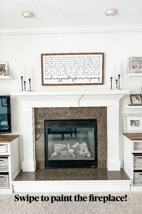 Learn how to paint a granite fireplace surround with chalk paint. It's a super simple quick fix that can be done in a day. Read more on the blog! Cover Granite Fireplace, Heat Safe Paint For Fireplace, How To Paint Granite Fireplace, Paint Marble Fireplace Surround, Tile Over Granite Fireplace Surround, Painted Granite Fireplace, Painting Granite Fireplace, Paint Granite Fireplace, Fireplace Granite Surround