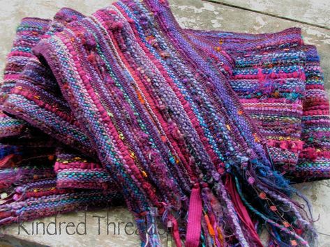 sari silk scarf • Kindred Threads Silk Yarn Projects, Art Yarn Projects, Weaving Clothing, Recycled Sari Silk Yarn, Sari Silk Yarn, Yarn Art Projects, Ribbon Projects, Weaving Inspiration, Saori Weaving