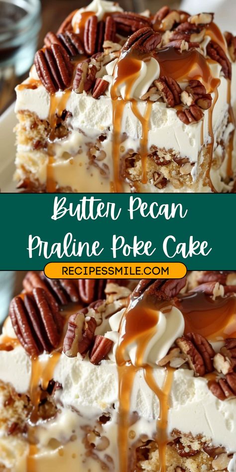 Dive into the ultimate dessert indulgence with this Butter Pecan Praline Poke Cake! Moist butter pecan cake topped with a rich praline glaze and whipped cream. Perfect for gatherings. Praline Layer Cake, Butter Praline Poke Cake, Pecan Poke Cake Recipes, Pecan Pie Poke Cake, Pecan Praline King Cake Recipe, Southern Pecan Praline Sheet Cake, Cannoli Poke Cake Recipe, Pecan Pie Dump Cake Recipes, Butter Pecan Cake Mix Ideas