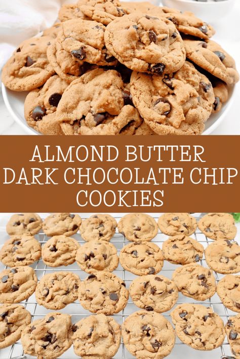 Almond Butter Chocolate Chip Cookies ~ Chewy and sweet almond butter cookies studded with dark chocolate. Dairy-free recipe. Pumpkin Almond Butter Cookies, Recipe Using Almond Butter, Chocolate Chip Cookies Chewy, Vegan Molasses Cookies, Almond Butter Chocolate Chip Cookies, Almond Butter Cookie Recipe, Almond Flour Chocolate Chip Cookies, Almond Butter Chocolate, Cookies Chewy