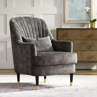 Austen Charcoal Gray Velvet Tufted Armchair with Pillow Gray Velvet Accent Chair, 2023 Apartment, Grey Velvet Chair, Living Room Lighting Tips, Tufted Armchair, Apartment Vibes, High Back Armchair, Tufted Accent Chair, Downing Street