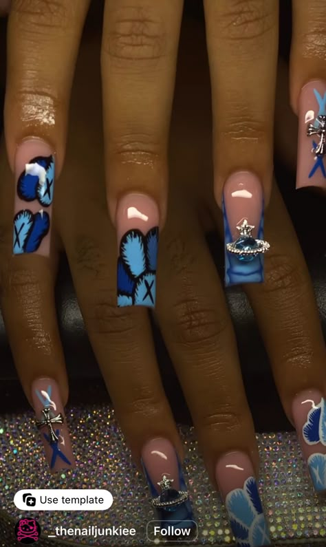 Full Set Nails Acrylic Blue, Light Blue Kaws Nails, Red Kaws Nails Design, Royal Blue Birthday Nails Short, Blue And White Acrylic Nails Design, Short Freestyle Nail Designs, Short Nails Design Ideas 2024, Blue Nails Design Ideas, Short Nail Designs Blue