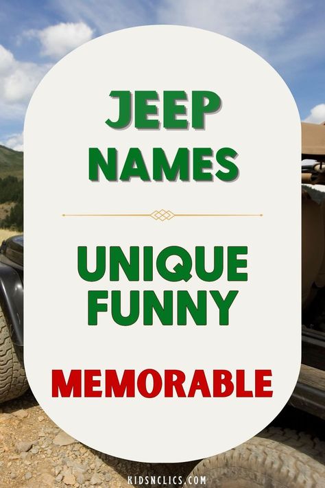 If you're unsure what to name your new Jeep, explore these four unique options. Each name comes with a compelling backstory and a quirky twist to make it truly special. Jeep Wrangler Theme Ideas, White Jeep Names Ideas, Black Jeep Names Ideas, Jeep Wrangler Names Ideas, Jeep Wrangler Names, Jeep Names Ideas, Jeep Themes, Jeep Graphics, Jeep Quotes Funny