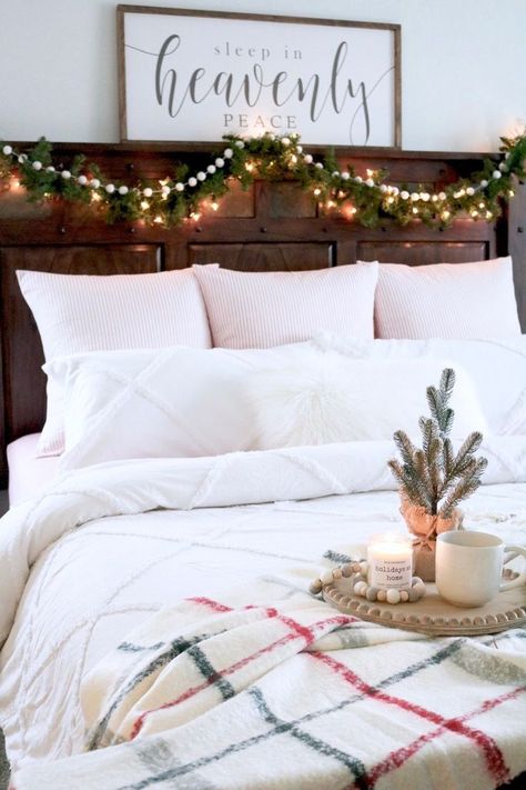 Farmhouse Christmas Bedroom Ideas - Christmas Bedroom Decor - Garland on Headboard - Sign Above Christmas Bed - Christmas Breakfast Tray - Christmas Plaid Throw Pottery Barn #farmhouseChristmas Garland On Headboard, Farmhouse Christmas Bedroom, Headboard Sign, Throw Pottery, Winter Bedroom Decor, Christmas Bed, Christmas Bedroom Ideas, Christmas Bedroom Decor, Barn Bedrooms