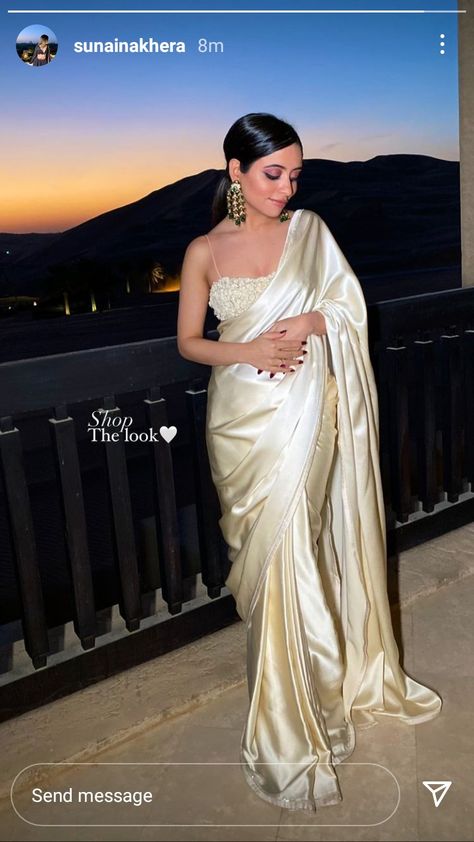 Cream Saree With Contrast Blouse, White Blouse With Saree, Golden Satin Saree, White Satin Saree, Gopi Dress, Off White Saree, Golden Blouse, Golden Saree, Nikah Dress