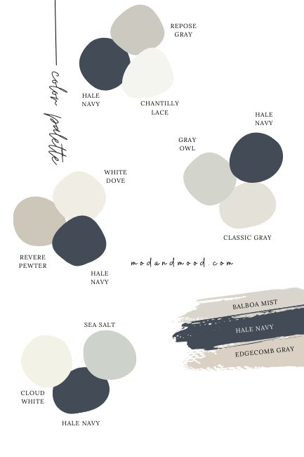 Navy Hale Bedroom, Navy Accent Wall Bedroom Colour Schemes, Revere Pewter Hale Navy, Interior Color Schemes Benjamin Moore, Hale Navy Color Palette Bedroom, Benjamin Moore Wescott Navy, Paint Colors To Go With Navy Blue Vanity, Color Pallet Navy Blue, Dark Blue Paint Scheme