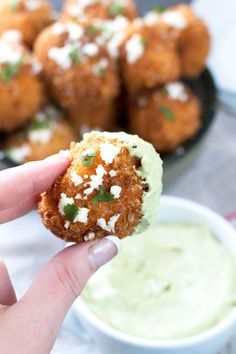 Mexican Arancini with Avocado Cilantro Dipping Sauce are a great twist on your Italian favorite. A great snack anytime! Cilantro Dipping Sauce, Melting Cheese, Appetizer Dips, Small Bites, Fried Food, Mexican Dishes, Beignets, Dipping Sauce, Mexican Food