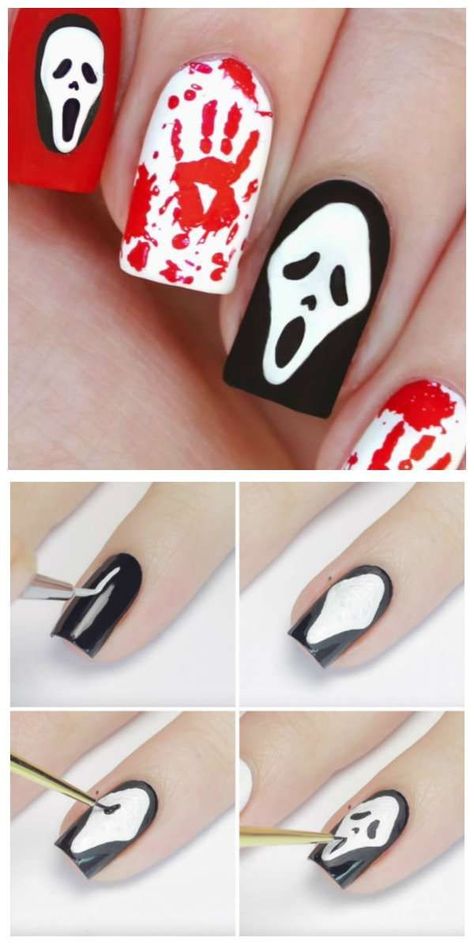 Un nail art inspiré du film Scream. 25 idées de nail art faciles et effrayants pour Halloween https://francelecuyer.com/ Scary Nail Art, Halloween Nail Art Tutorial, Nailart Tutorial, Scary Nails, Halloween Nails Diy, Nail Art Halloween, Holloween Nails, Halloween Acrylic Nails, Cute Halloween Nails