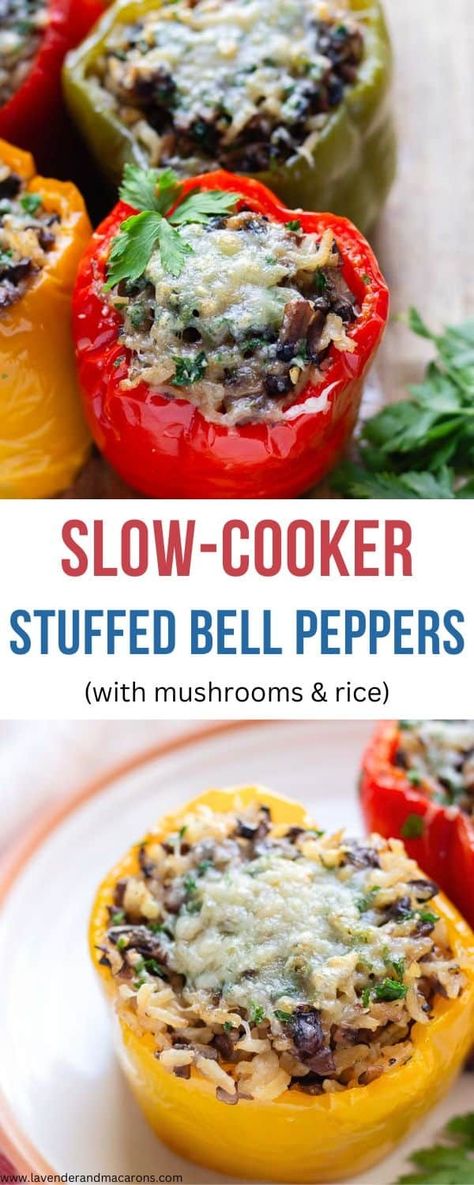 These slow cooker stuffed bell peppers are comforting, hearty, and incredibly easy to make. It features a savory blend of mushrooms and rice packed into sweet bell peppers and slow-cooked to perfection. Vegetarian Casserole Recipes, Crockpot Stuffed Peppers, Mushroom Risotto Recipes, Quick Vegetarian Meals, Vegetarian Recipes Lunch, Low Carb Vegetarian Recipes, Vegetarian Soup Recipes, Bell Pepper Recipes, Vegetarian Pasta Recipes