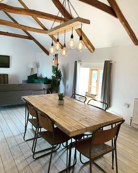 MooBoo Home on Instagram: “We have just delivered this matching dining table and coffee table to Bodmin Barn in Camelford, Cornwall, to join the wall lights and…” Beam Chandelier, Cluster Pendant Light, Wooden Beam, Cluster Pendant Lighting, Beam Light, Cabin Ideas, Wooden Beams, Metal Lamp, Stunning Interiors