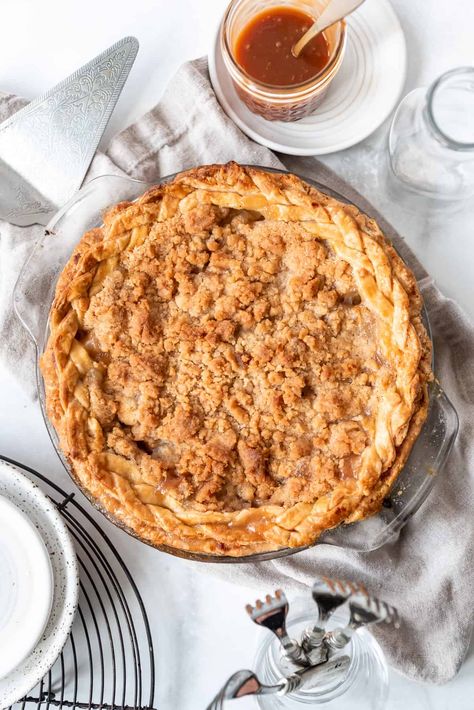 This Dutch Pear Pie is a warm, wonderful pie filled with Fall's other sweet, juicy and often overlooked fruit. It's delicately spiced with grated nutmeg and topped with a buttery-sweet streusel crumb topping. #pear #pie #dutch #streusel #crumble #crumb #dessert #homemade #caramel #best #nutmeg #fromscratch #Thanksgiving Apple Pie With Streusel Topping, Peach Crumble Pie, Pear Pie Recipe, Pear Dessert Recipes, Apple Crumble Pie, Store Bought Pie Crust, Pear Pie, Pear Dessert, Crumble Pie