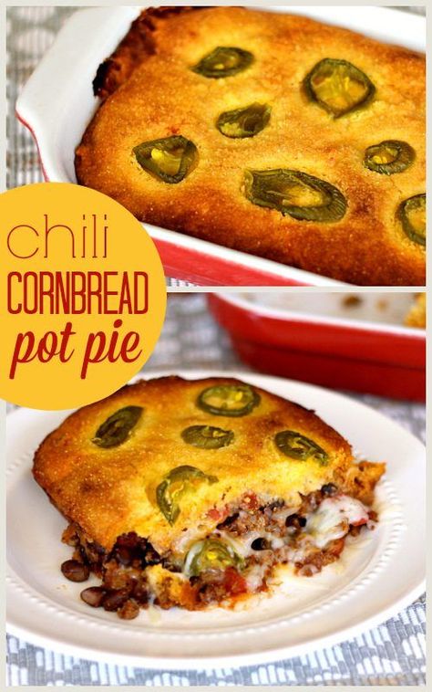 Chili Cornbread Pot Pie - The Weary Chef Cornbread Pot Pie, Meatless Chili, Chili Cornbread, Chili Pie, Leftover Chili, Chili And Cornbread, Dinner Yummy, Kitchen Staples, Hearty Chili