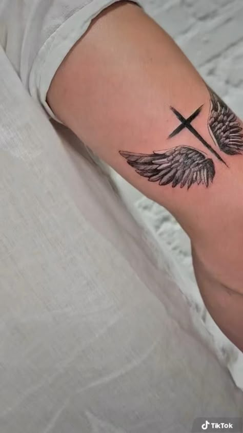 Wing Tricep Tattoo, Cross With Wings Tattoo For Women, Srk Tattoo, Cross Angel Wings Tattoo, Dove And Cross Tattoo, Cross And Wings Tattoo, Placement Of Tattoos, Forearm Wing Tattoo, Wing Neck Tattoo