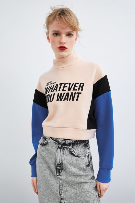 ZARA TRF colour block sweatshirt on Behance Sweatshirt Inspiration, Zara Looks, Dress Halter Neck, Short Sleeve Sweatshirt, Box Pleat Skirt, Pleat Skirt, Color Block Sweatshirt, Trendy Fashion Tops, Text Print