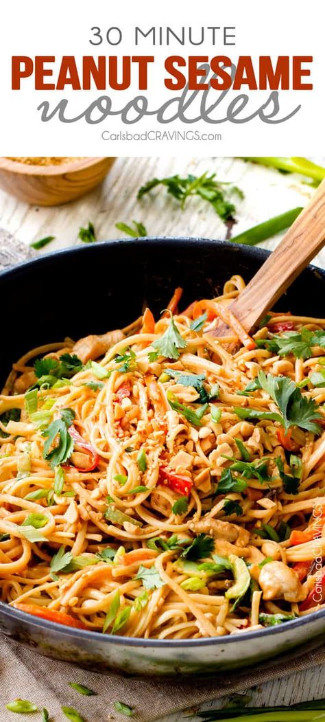 30 Minute Peanut Sesame Noodles (with Chicken and Veggies) - super quick and easy meal all in one with the most amazing creamy peanut sesame sauce you will crave for days! Sesame Noodles With Chicken, Sesame Peanut Noodles, Sesame Noodles Recipe, Noodles With Chicken, Lemongrass Chicken, Chicken And Veggies, Carlsbad Cravings, Chicken Veggies, Sesame Noodles