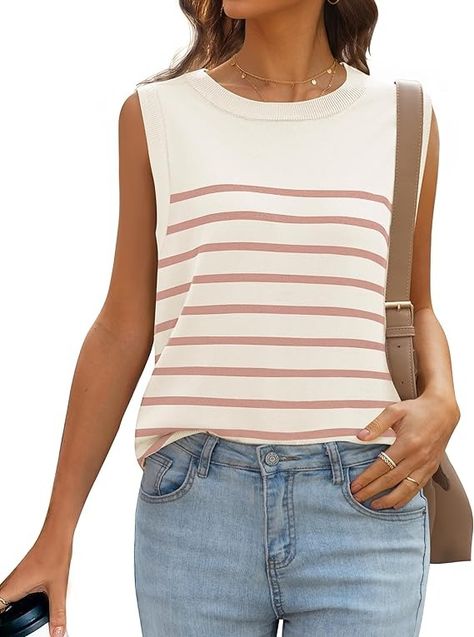 MIROL Women's Sleeveless Striped Tank Tops 2024 Summer Crewneck T-Shirts Basic Knit Casual Loose Blouse White at Amazon Women’s Clothing store Summer Crewneck, Tank Tops Summer, Loose Tank Tops, Summer Tank Tops, Loose Blouse, Blouse White, Striped Tank Top, Sleeveless Tshirt, Striped Tank