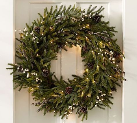 Lit Frozen Pine Wreaths Julkransar Diy, Outdoor Christmas Tree Decorations, Holiday Door Wreaths, Christmas Elegant, Pottery Barn Christmas, Blue Christmas Decor, Rustic Christmas Wreath, Outdoor Christmas Tree, Small Wreaths