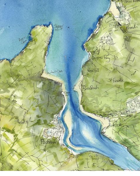 Pastel Map, Cornwall Map, Etching Art, Watercolour And Pen, Fantasy Map Making, Wood Moulding, Newquay Cornwall, Travel Art Journal, Watercolour And Ink