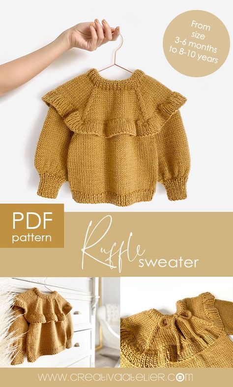 Kids Sweater Pattern, Sweater Tutorial, Crochet Sweater Design, Cozy Crochet Patterns, Knit Baby Sweaters, Knitted Baby Clothes, Ruffle Sweater, Haken Baby