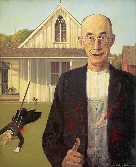 American Gothic House, American Gothic Painting, American Gothic Parody, Grant Wood American Gothic, Front Of A House, Gothic Painting, Grant Wood, Dark Vador, Robert Rauschenberg