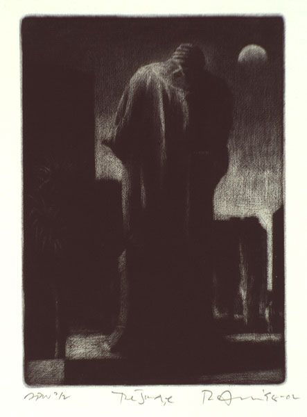 Rick AMOR | The judge  -  mezzotint, printed in black ink, from one plate Mezzotint Prints, Rick Amor, Print Workshop, The Judge, Drawing Prints, Australian Artists, Etching, Printmaking, Graphic Art