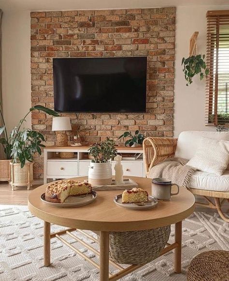 Brick Living Room, Simple Living Room Decor, Diy Living Room Decor, Living Room Living Room, Cottage Living Rooms, Christmas Decorations Living Room, Small Living Room Decor, Living Room Shelves, Small Space Living Room