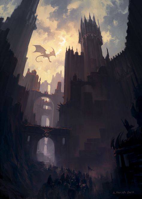 Dragon's Pass, Andreas Rocha on ArtStation at https://www.artstation.com/artwork/eve5D Fantasy City, Fantasy Castle, Fantasy Setting, Fantasy Places, A Castle, Fantasy Art Landscapes, Fantasy Aesthetic, Fantasy Dragon, 판타지 아트