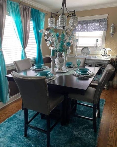 Grey And Teal Dining Room, Teal Dining Room Decor, Teal Dining Room Ideas, Teal Decorating Ideas, Apartment Dining Room Decor, Turquoise Living Room, Turquoise Dining Room, Beautiful Dining Room Decor, Wallpaper Dining Room