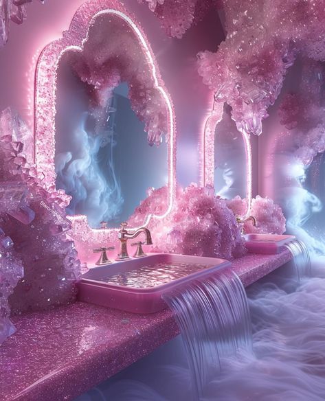 Crystal bathrooms & diamond covered bathroom stuff.✨💗 Because. Why not? You might feel protected while you 💩 Tomorrow I’m releasing a reel with these bathroom beauties, ANIMATED, and it’s MY FIRST REEL.✨💗 ⚠️These are not real, btw, just having fun and enjoying new visions as they come in. I was also inspired by a crystal mirror set I saw by @euphoriaai.art last week & promised to give credit. Thank you for providing inspo.💕 What does your fantasy bathroom look like? Xo, Heather . . . ✨I... Crystals For Bathroom, Futuristic Rooms, Glitter Bathroom, Crystal Bathroom, Babysitting Crafts, Pink Glitter Wallpaper, Rose House, Jelly Wallpaper, Dream Bedroom Inspiration