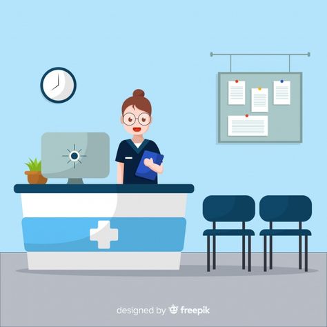 Standing nurse hospital reception backgr... | Free Vector #Freepik #freevector #background #clock #doctor #health Nursing Day Poster, Hospital Reception, Medical Receptionist, International Nurses Day, Cartoon Home, Medical Background, Hospital Staff, Crm System, Hospitality Management