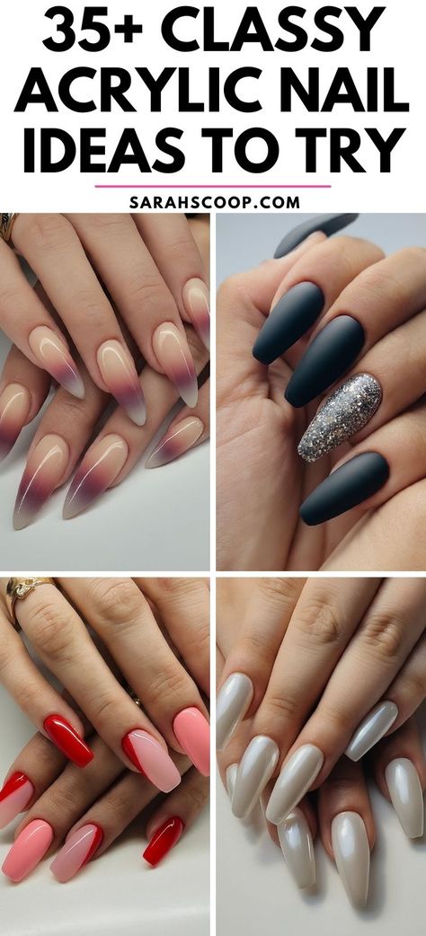 Dare to be daring with these stunning acrylic nail designs. From bold colors, and intricate patterns to classy and understated looks, there's a perfect style for every nail art enthusiast. #acrylicnails #nailart #manicureideas Classy Acrylic Nail Ideas, Elegant Acrylic Nails Classy, Classic Nail Ideas, Classy Long Nails, Trending Acrylic Nail Designs, Celebrity Nails Trends, Simple Elegant Nails, Beautiful Nails Design, French Manicure Acrylic Nails