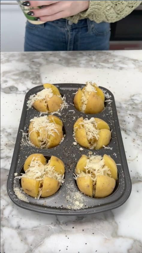 Restaurants don't want you to know this potato trick | cheese, butter, cupcake, potato, snack | Restaurants don't want you to know this potato trick Girl uses a cupcake pan to make a delicious potato snack using butter, cheese, and herbs. This... | By My Life Easy Dinner Recipes Taco, Taco Ramen, Cupcake Pan Recipes, Cheesy Potato Wedges, Oven Wedges, Ramen Dinner, Potato Side Dishes Easy, Cups Recipes, Potato Snack