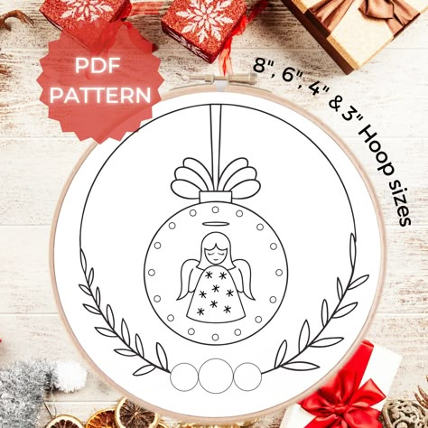 Easy and fun hand embroidery pattern of an angel inside a Christmas ornament, ideal to decorate your home, give to a friend or family member or simply as a rewarding hobby. This pattern is designed for anyone who likes to embroider since the degree of difficulty is defined by you. You can work only on the edge of the drawing with the back stitch or let your imagination carry you and use different stitches like frenck knot or woven wheel stitch. You are not an expert in embroidery? Don't worry, y Woven Wheel Stitch, Embroidery Angel, Angel Embroidery, Modern Hand Embroidery Patterns, Basic Stitches, Embroidery Template, Book Flowers, Halloween Embroidery, Different Stitches