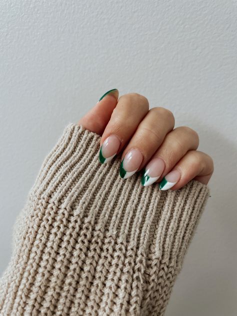 green + white tip nails White French Tip With Green Line, French Tip With Green Line, French Tip With Green, White Tip Nails, White French Tip, Green Tips, White Tip, Tip Nails, White French