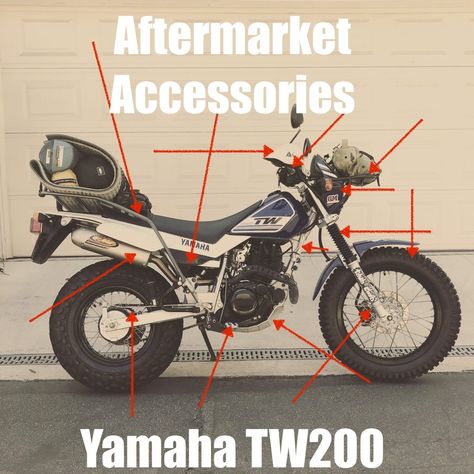 Let’s face it, you didn’t buy this motorcycle for its sheer power and performance capabilities. Some try to hot rod it and or expect 70-mph all day long out of the tiny 196cc engine. Hopefully, you bought it for the fun factor or maybe the budget factor. Performance modifications can go in a few different ways; gearing changes, suspension upgrades, skid plates, and protection items. I’m including “protection items” in the “Performance” category as they do help the overall “performance” #TW200 Honda Trail 90, Motorbike Modification, Adventure Motorcycle Gear, Yamaha Adventure Motorcycle, Yamaha Tw 125, Tw 200 Yamaha, Tw 125, Bobber Seat, Yamaha Dirt Bikes