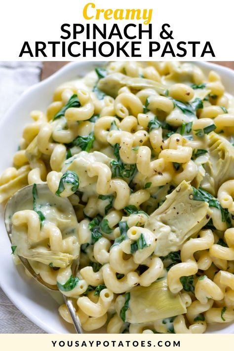 Bowl of pasta with spinach and artichoke hearts in a creamy cheese sauce. Pasta Artichoke, Easy Chicken Paprikash, Baked Penne Pasta Recipes, Spinach And Artichoke Pasta, Spinach Artichoke Recipes, Chicken Artichoke Pasta, Fresh Spinach Recipes, Chicken Paprikash Recipe, Artichoke Pasta Salad