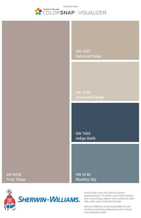 Blue Kitchen Colour Schemes, Blue And Taupe Color Palette, House Color Palettes Sherwin Williams, Blue And Tan Living Room Color Scheme, Taupe Blue Color Palette, Blue Brown Paint Colors, Accessible Beige And Blue, Blue Cream Brown Color Palette, Colour Palette Inspiration Blue