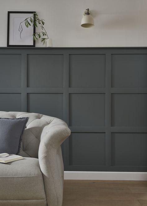 Use strip wood to achieve this Jacobean style Shaker wall panelling. Add a finishing touch with your choice of paint. Use our store locator to find your local retailer. Shaker Wall Paneling Living Room, Dark Grey Panelling Living Room, Kitchen Wall Panelling, Living Room Half Paneling Walls, Shaker Style Paneling, Dining Room With Paneling, Shaker Panelling Wall, Living Room Paneling Walls, Dark Paneled Walls