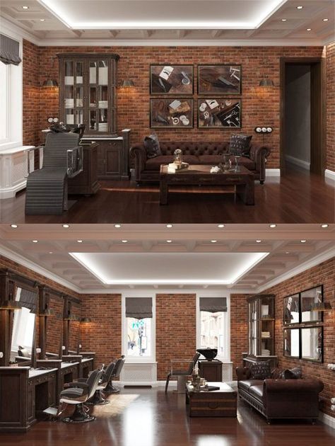 20 Barber Shop Decor Ideas: How to Design your Barbershop Barber Waiting Area, Barbershop Waiting Area, Barber Shop Waiting Area, Modern Barber Shop, Barbershop Design Interior, Beard Styling, Barber Shop Interior, Hair Salon Interior, Biker Tattoos