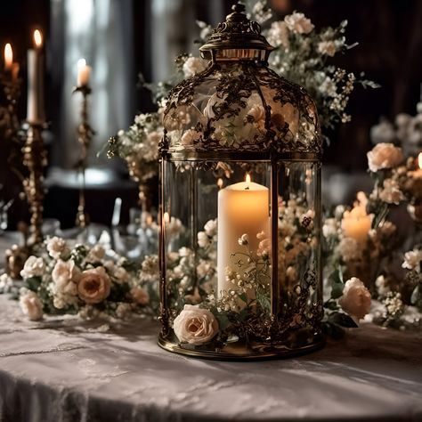 Lantern And Flower Centerpieces Wedding, 1920s Wedding Centerpieces, Flowers In Lanterns, Victorian Romantic Aesthetic, Candelabra Wedding Decor, Whimsical Wedding Decorations Receptions, Fall Garden Wedding Decor, Hanging Lantern Wedding Decor, Lantern And Flower Centerpieces