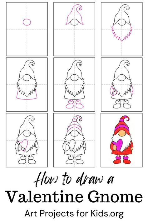 Gnome Drawing Simple, Gnome Doodle, Draw Valentine, Draw A Gnome, Gnome Drawings, Dresses Coloring Pages, Drawing Shading, Valentine Drawing, Easy Christmas Drawings