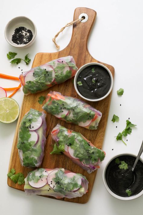 Rainbow Rice Paper Wraps with Black Sesame Sauce - Flora & Vino Rice Paper Wraps, Raw Veggies, Rainbow Rice, Sesame Sauce, Summer Meal, Salad Recipes For Dinner, Baked Tofu, Extra Firm Tofu, Chili Garlic Sauce